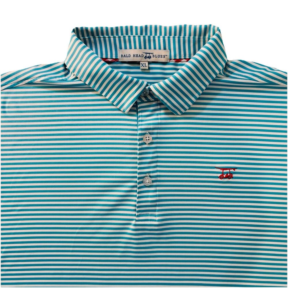 Bald Head Blues Polo Shirt Mens XL Teal White Striped Golf Tech Performance